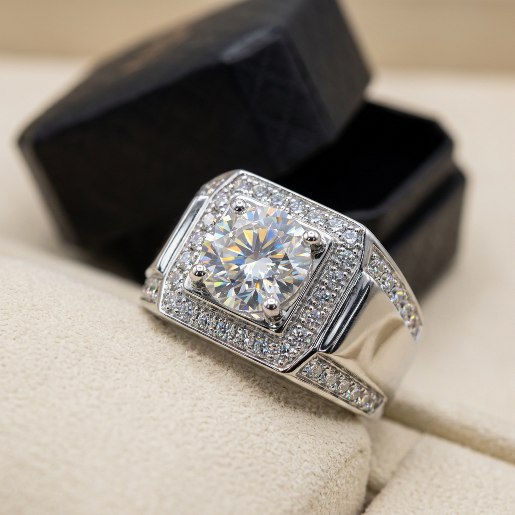 Men's moissanite full-pave ring macro close-up, Raiment Jewelry & Co.
