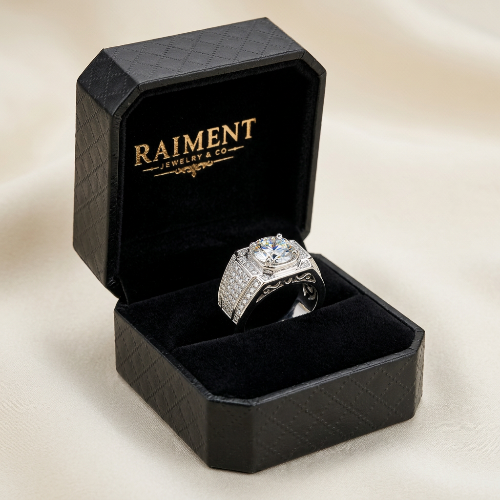 Men's moissanite full-pave ring inside open jewelry box, Raiment Jewelry & Co.