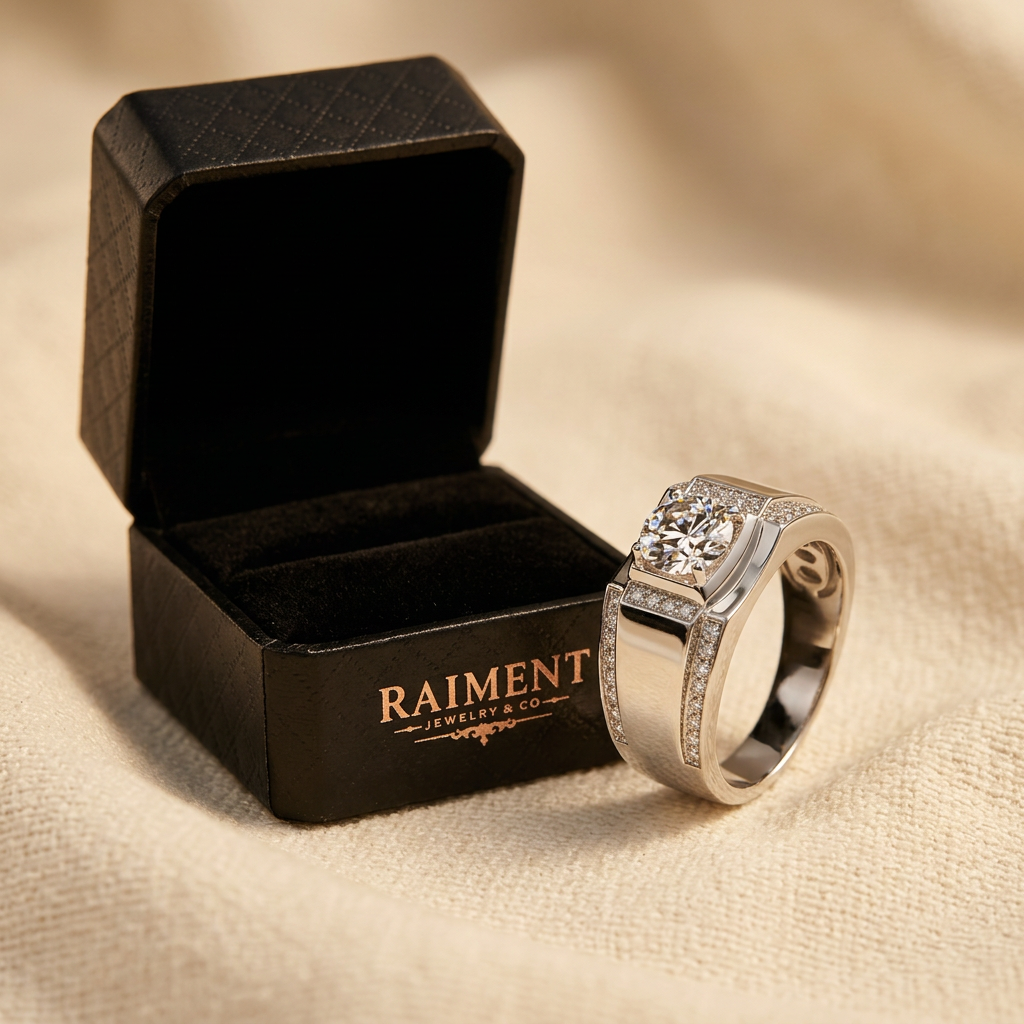 Men's moissanite full-pave ring styled beside jewelry box on cream, Raiment Jewelry & Co.