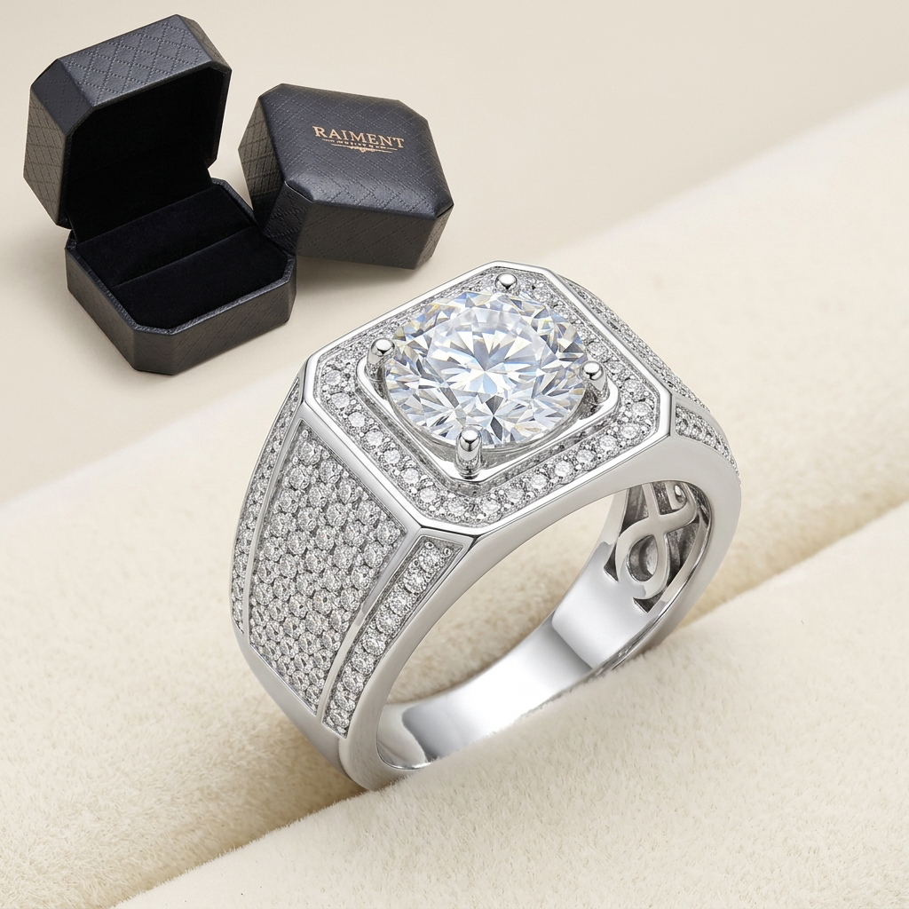 Men's moissanite full-pave ring on cream background, Raiment Jewelry & Co.