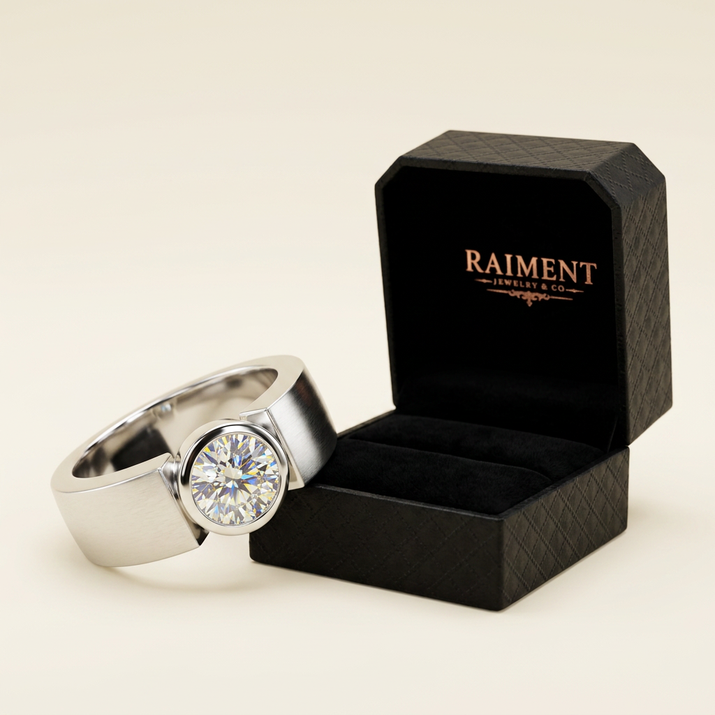 Raiment Jewelry & Co. men's moissanite minimalist ring beside open jewelry box on cream background