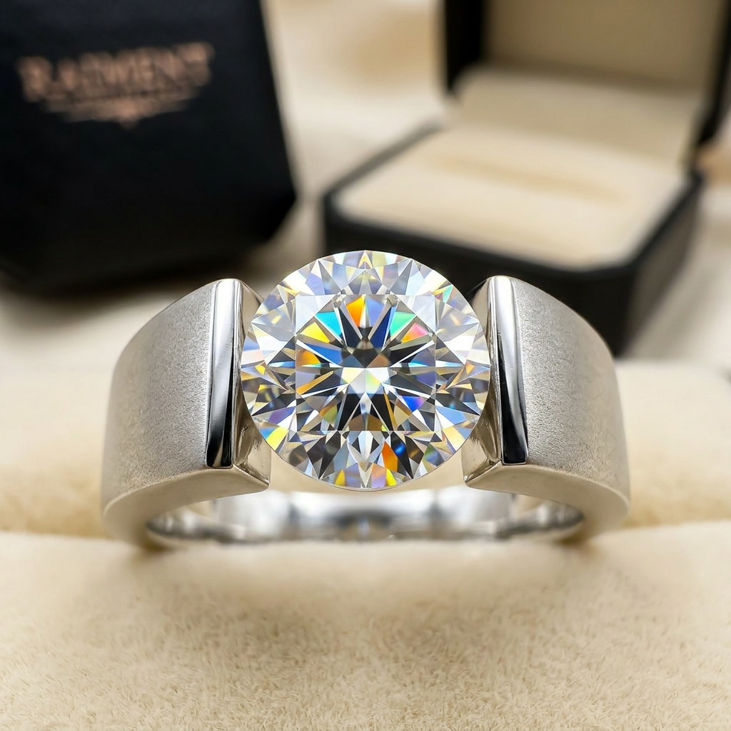 Men's moissanite minimalist ring macro close-up, Raiment Jewelry & Co.