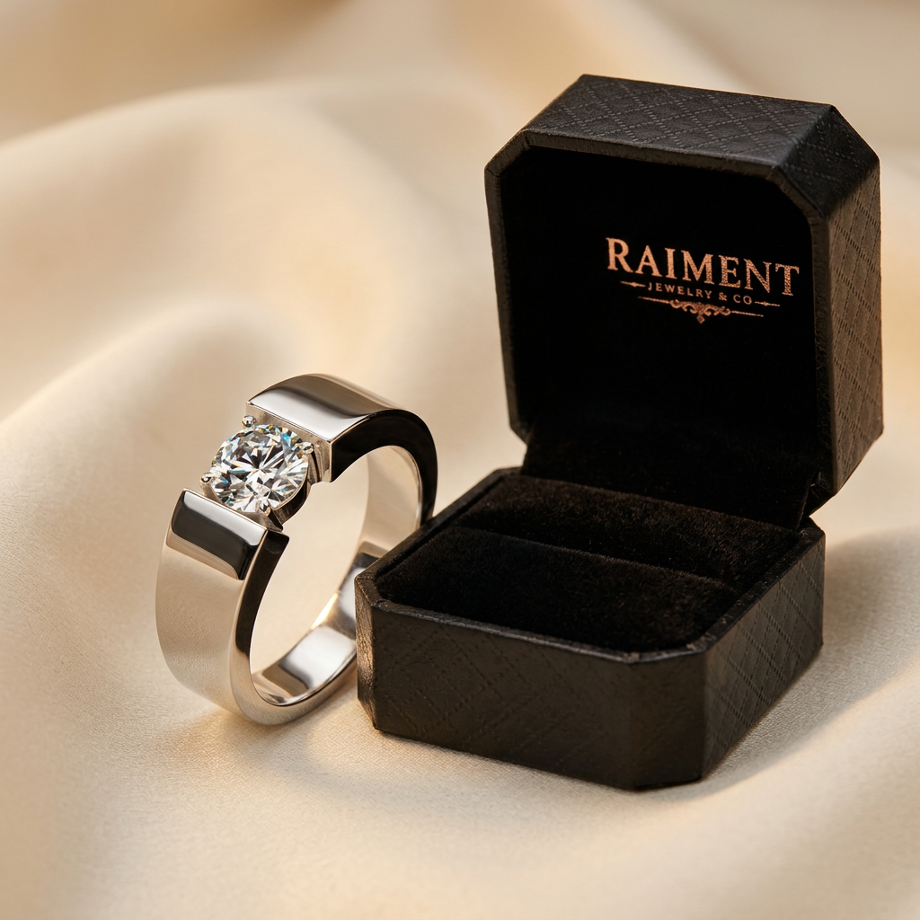 Men's moissanite minimalist ring styled beside jewelry box on cream, Raiment Jewelry & Co.