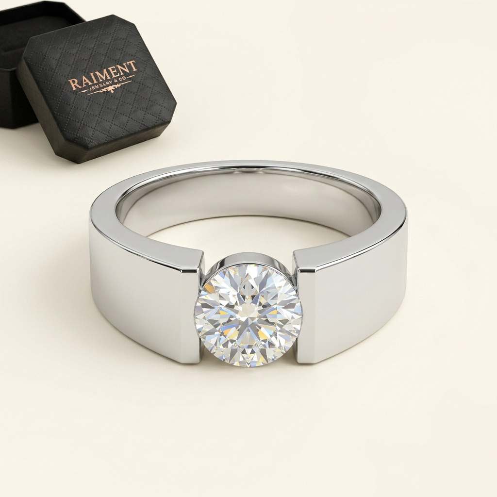 Men's moissanite minimalist ring on cream background, Raiment Jewelry & Co.
