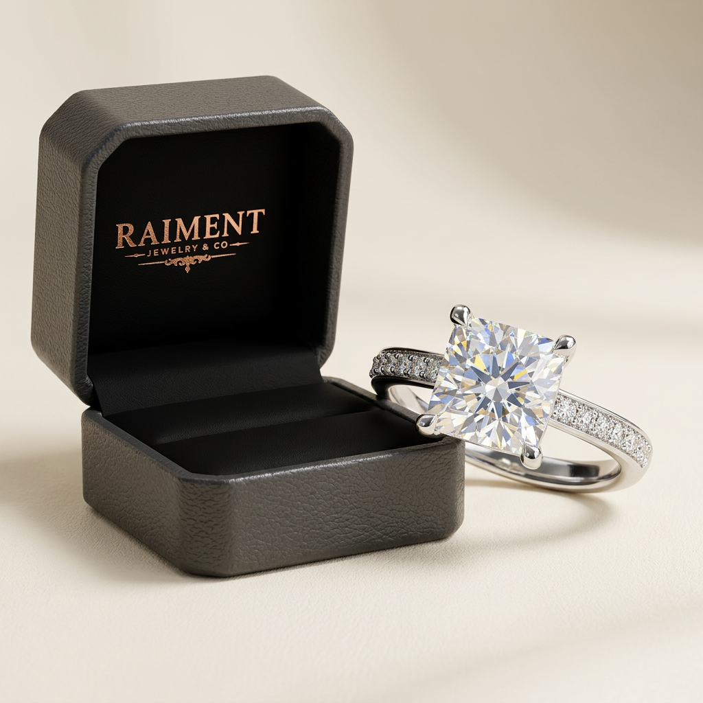 Raiment Jewelry & Co. men's moissanite square 3ct ring beside open jewelry box on cream background