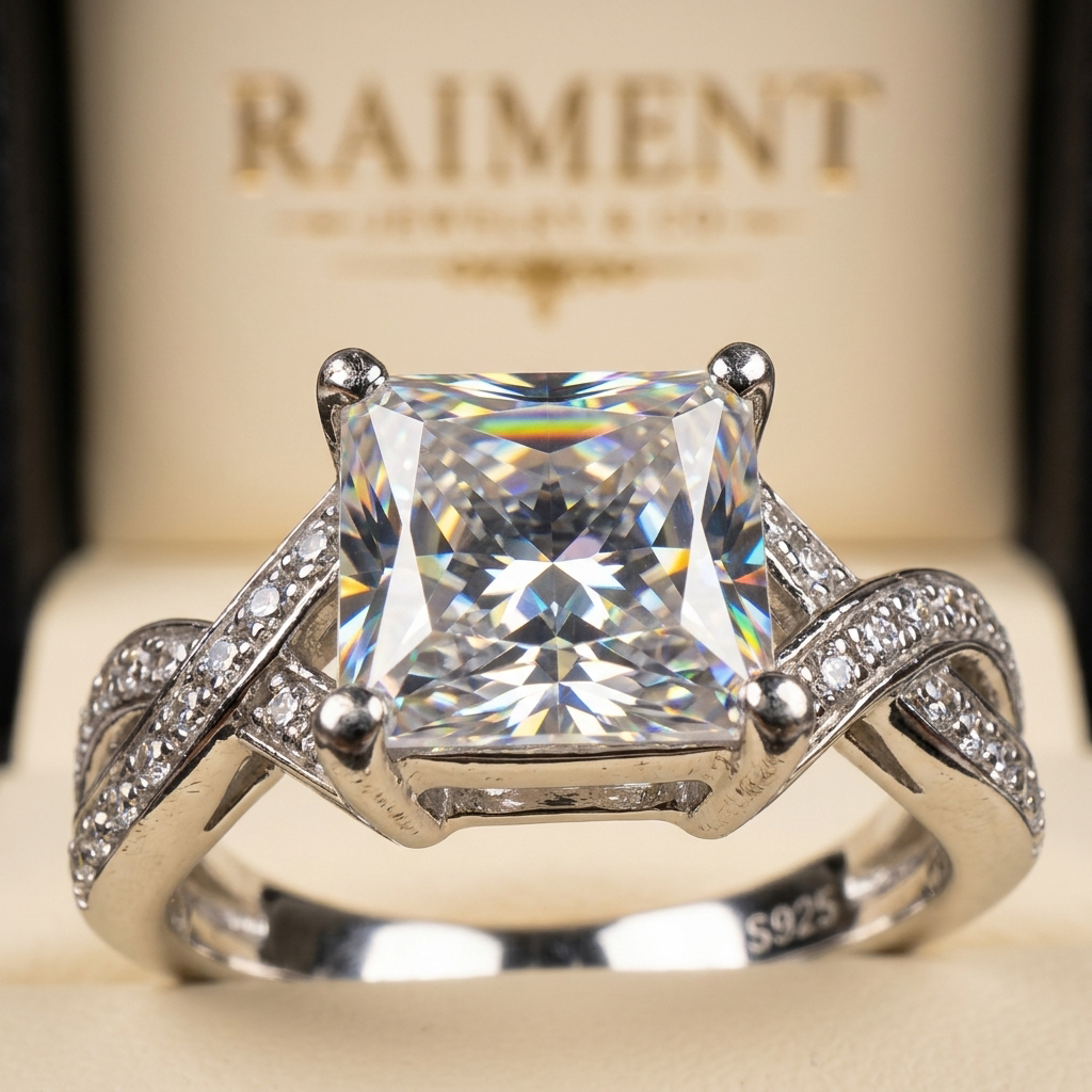Men's moissanite square ring 3ct macro close-up, Raiment Jewelry & Co.