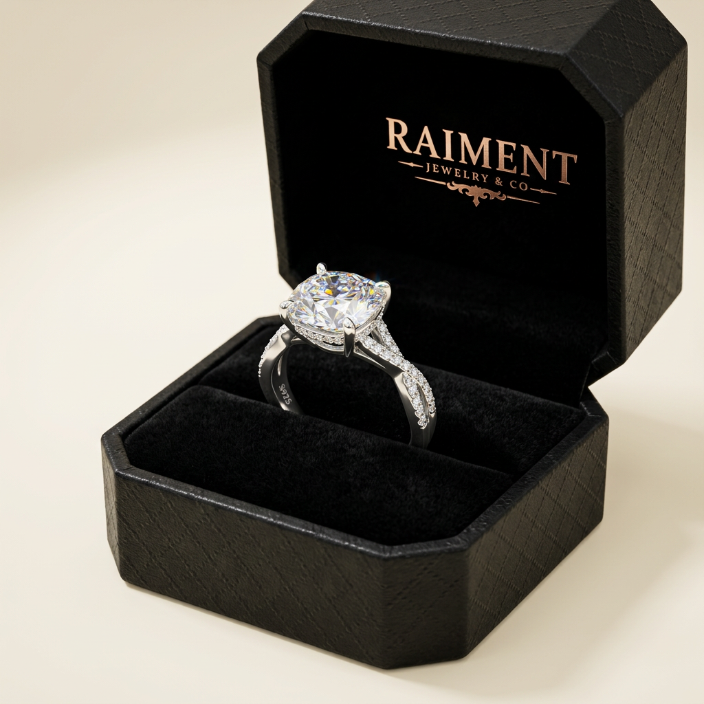 Men's moissanite square 3ct ring inside open jewelry box, Raiment Jewelry & Co.
