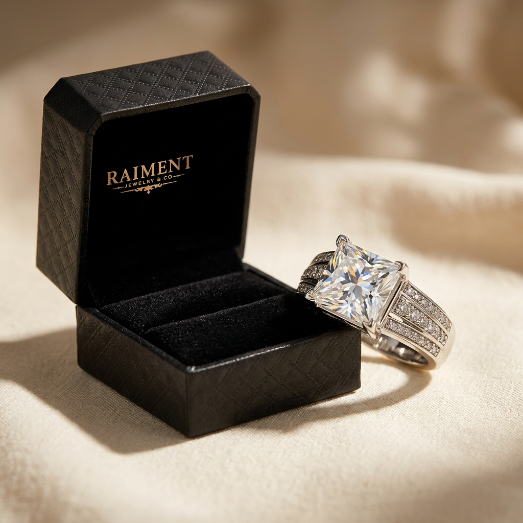 Men's moissanite square 3ct ring styled beside jewelry box on cream, Raiment Jewelry & Co.