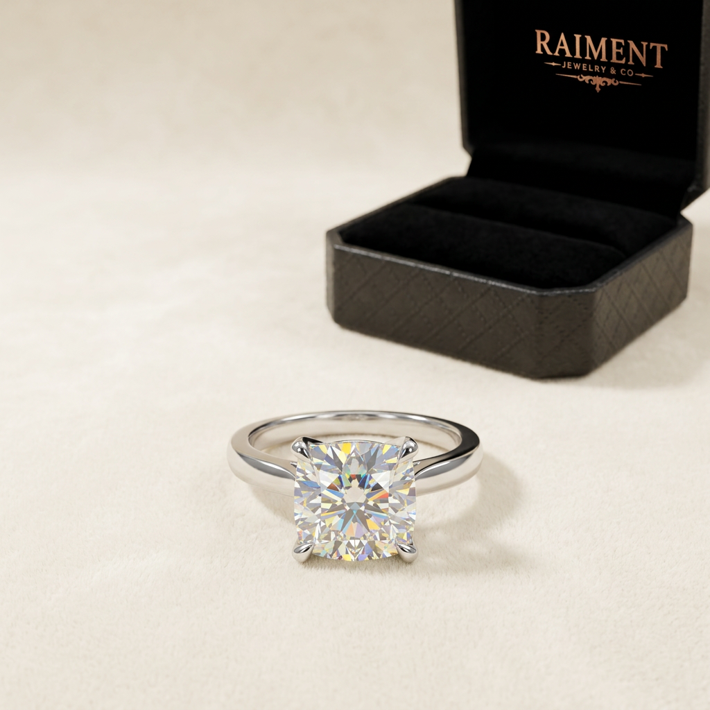 Men's moissanite square 3ct ring on cream background, Raiment Jewelry & Co.