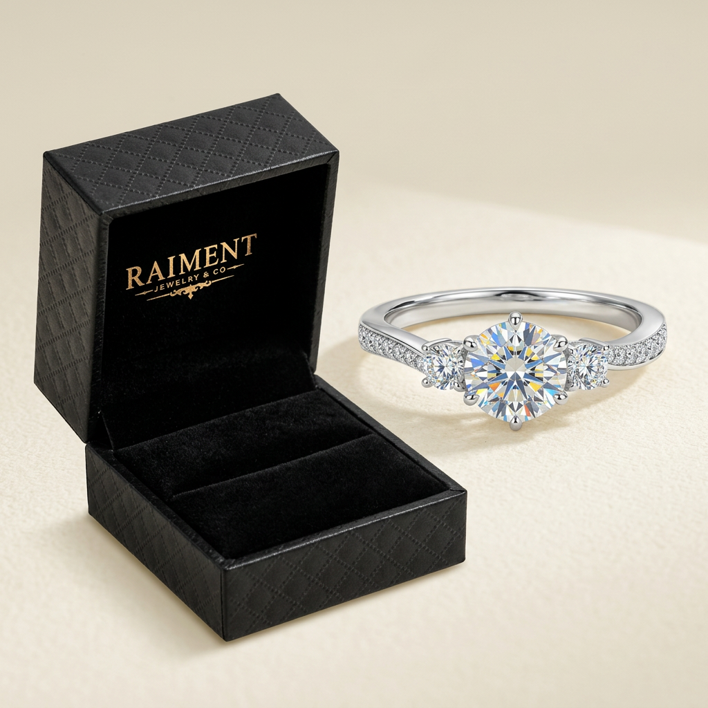 Raiment Jewelry & Co. women's moissanite three-stone ring beside open jewelry box on cream background