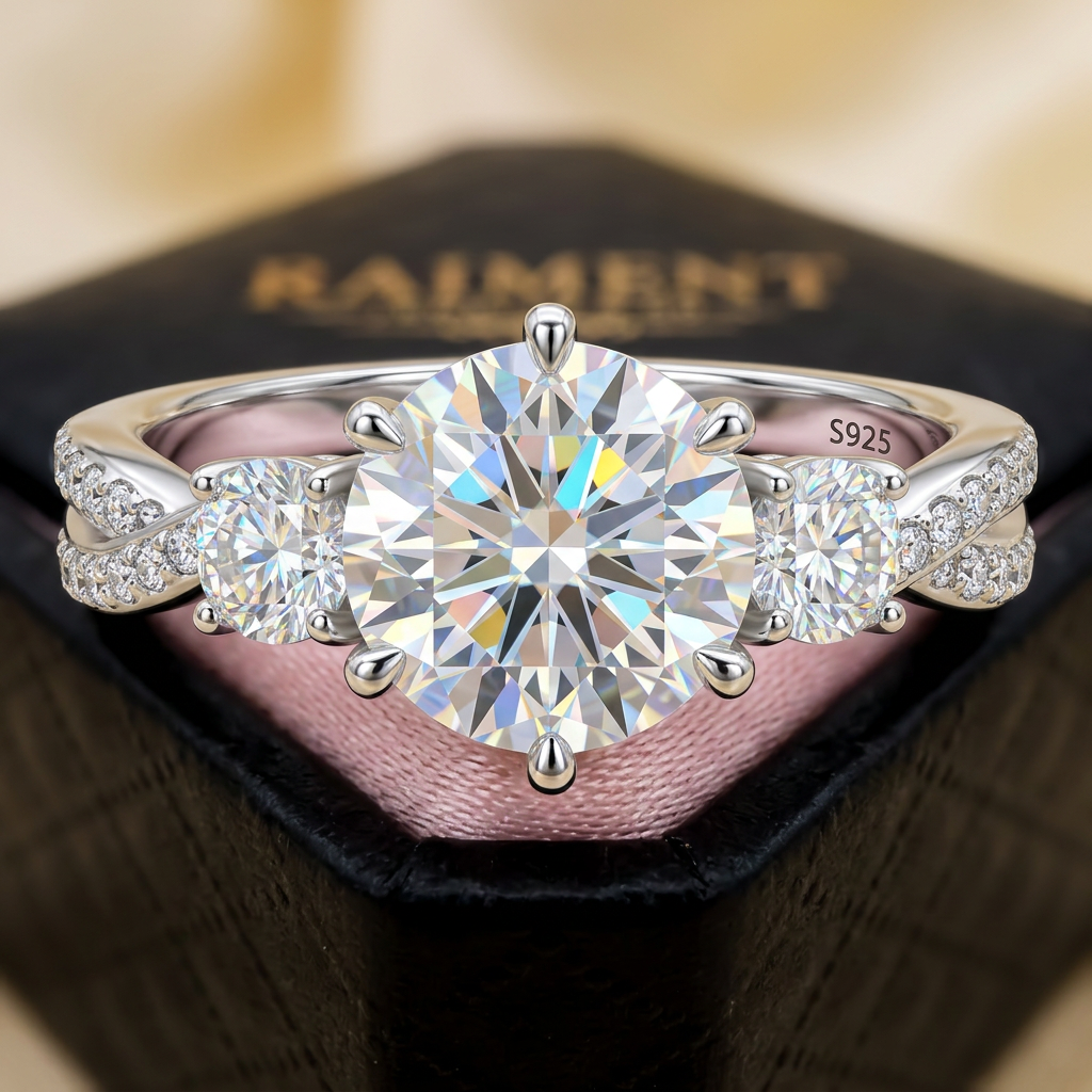 Women's moissanite three-stone ring macro close-up, Raiment Jewelry & Co.
