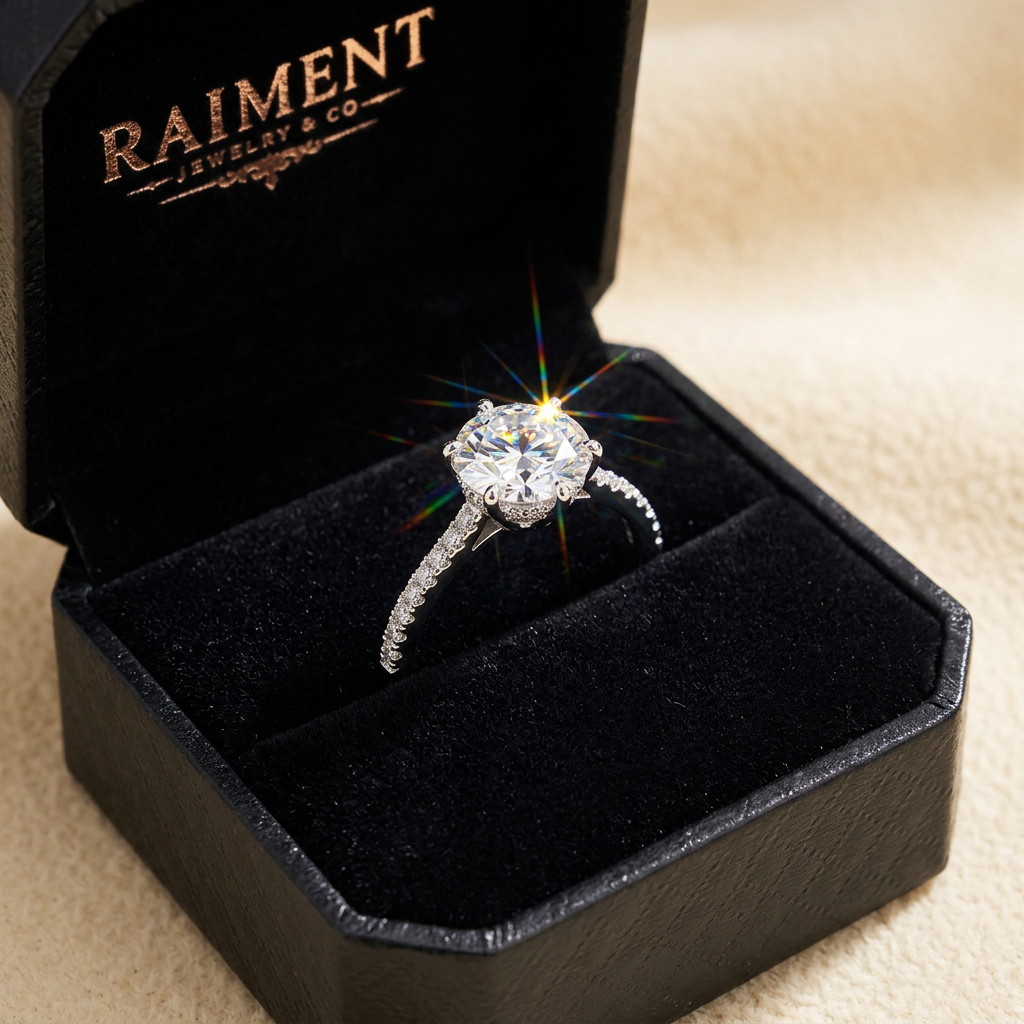 Women's moissanite three-stone ring inside open jewelry box, Raiment Jewelry & Co.