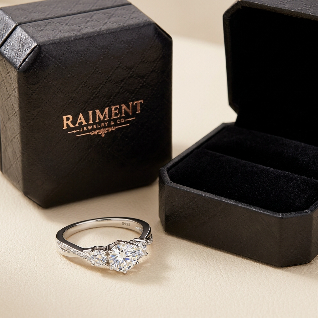 Women's moissanite three-stone ring styled beside jewelry box on cream, Raiment Jewelry & Co.