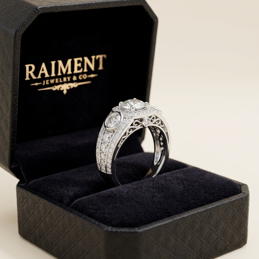 Raiment Jewelry & Co. women's moissanite scatter ring beside open jewelry box on cream background