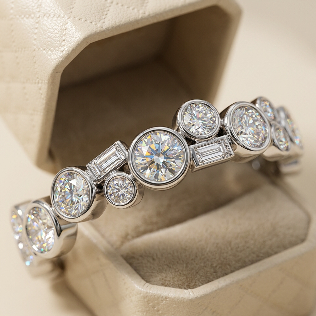 Women's moissanite scatter ring macro close-up, Raiment Jewelry & Co.