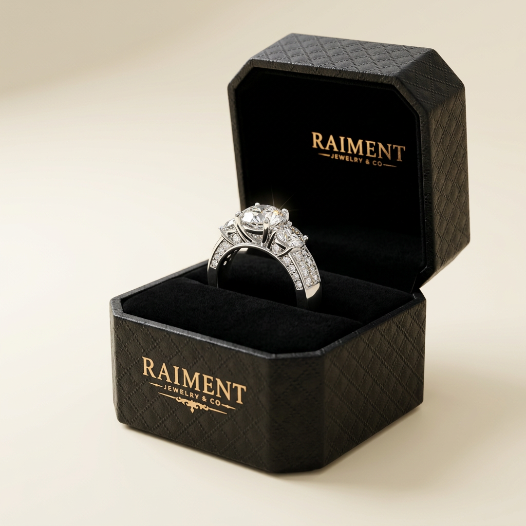 Women's moissanite scatter ring inside open jewelry box, Raiment Jewelry & Co.