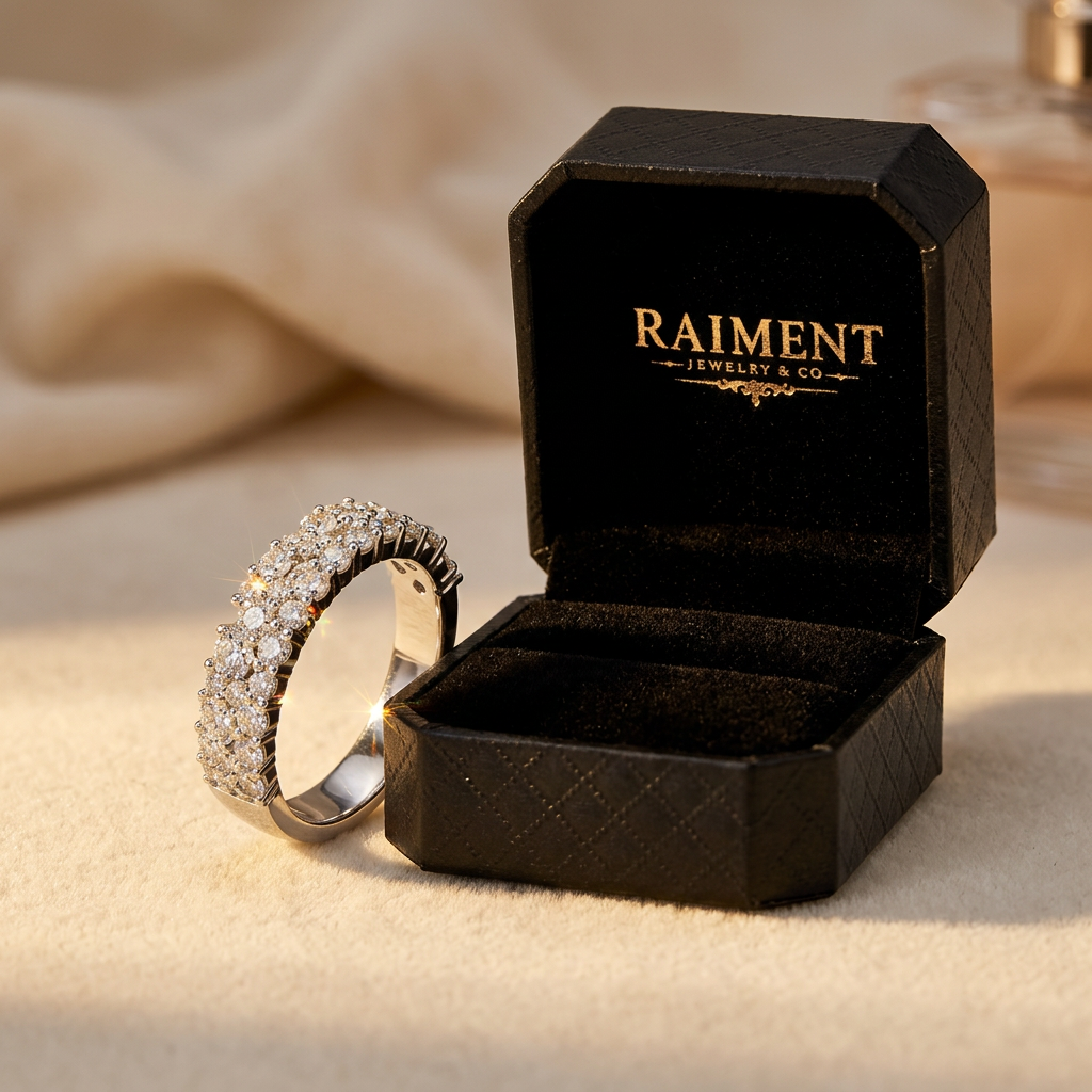 Women's moissanite scatter ring styled beside jewelry box on cream, Raiment Jewelry & Co.