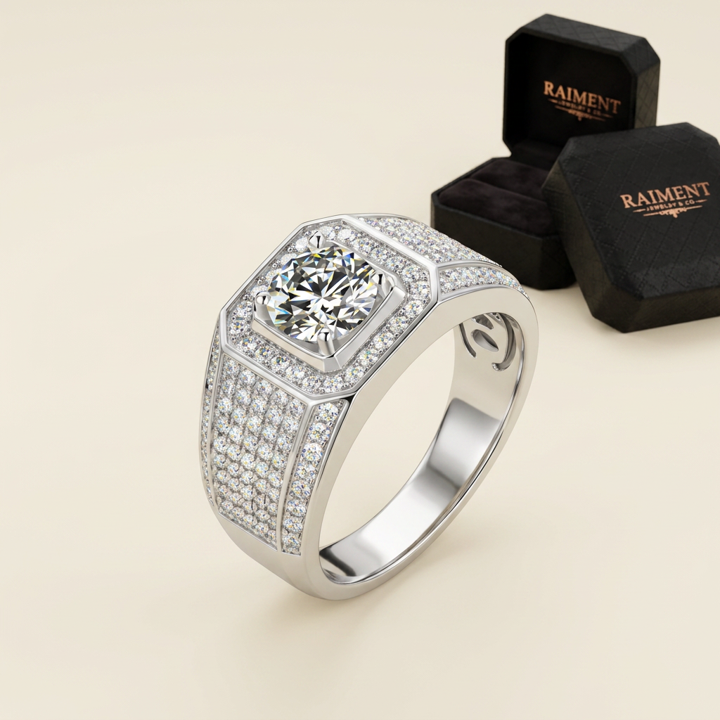 Women's moissanite scatter ring on cream background, Raiment Jewelry & Co.