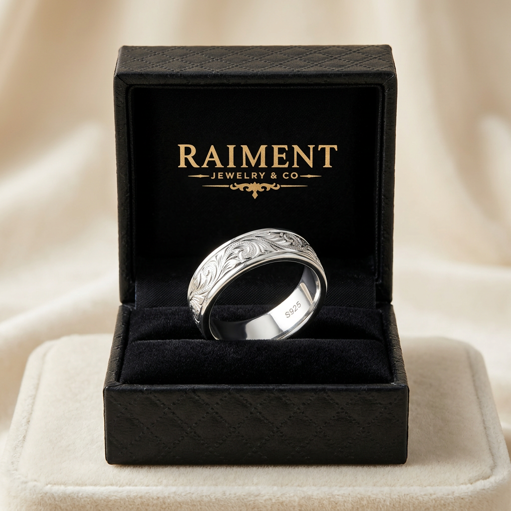 Hawaiian heritage engraved band ring inside open jewelry box, Raiment Jewelry & Co.