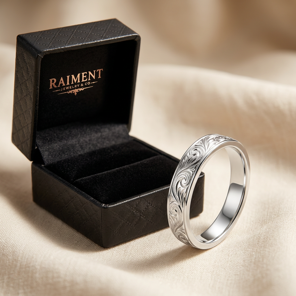 Hawaiian heritage engraved band ring styled beside jewelry box on cream, Raiment Jewelry & Co.
