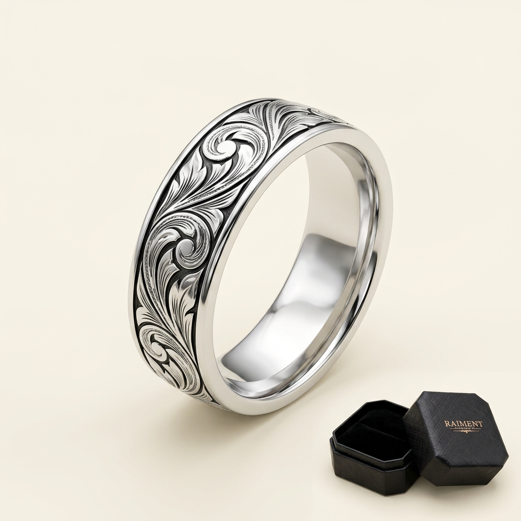 Hawaiian heritage engraved band ring on cream background, Raiment Jewelry & Co.