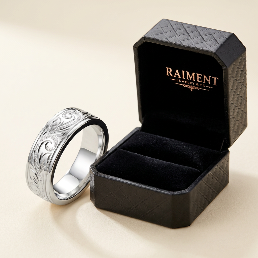 Raiment Jewelry & Co. men's Hawaiian heritage engraved band ring beside open jewelry box on cream background