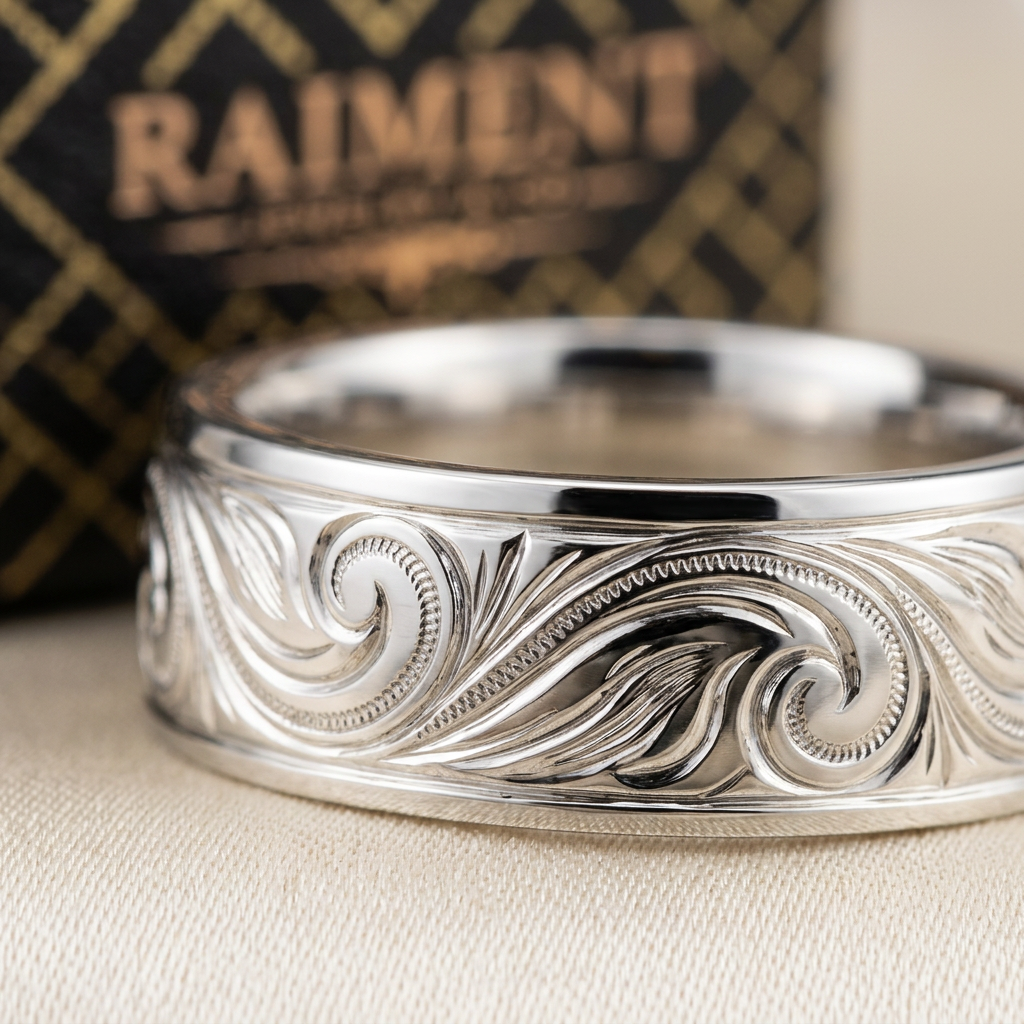 Men's Hawaiian heritage engraved band ring macro close-up, Raiment Jewelry & Co.
