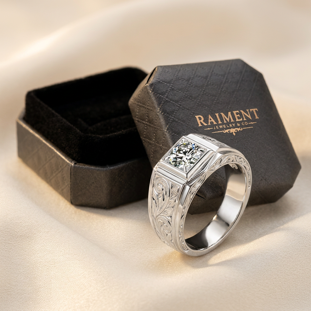 Men's Hawaiian heritage engraved band ring styled beside jewelry box on cream, Raiment Jewelry & Co.