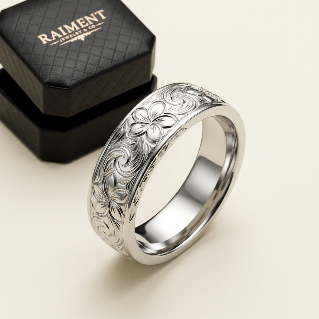 Men's Hawaiian heritage engraved band ring on cream background, Raiment Jewelry & Co.
