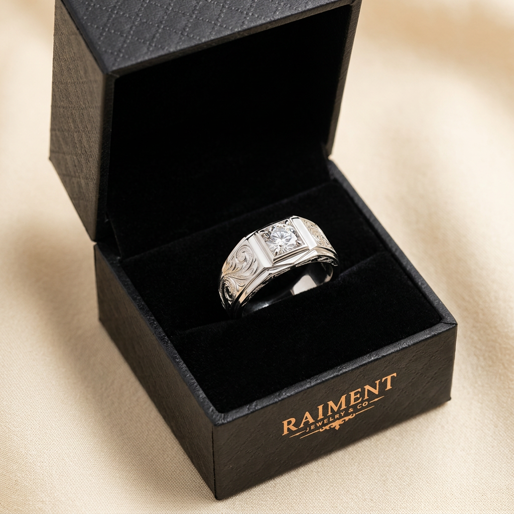 Men's Hawaiian heritage engraved band ring inside open jewelry box, Raiment Jewelry & Co.