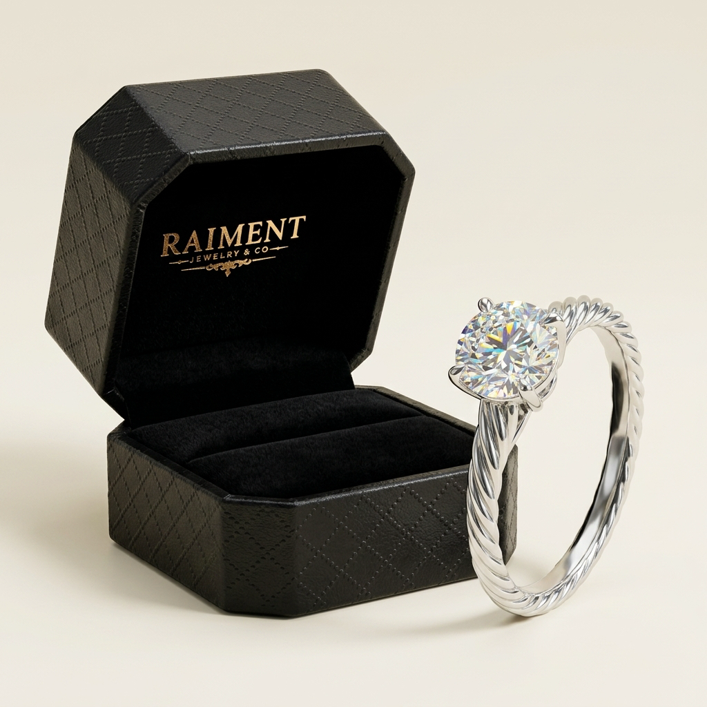 Raiment Jewelry & Co. moissanite four-claw solitaire ring beside open jewelry box on cream background