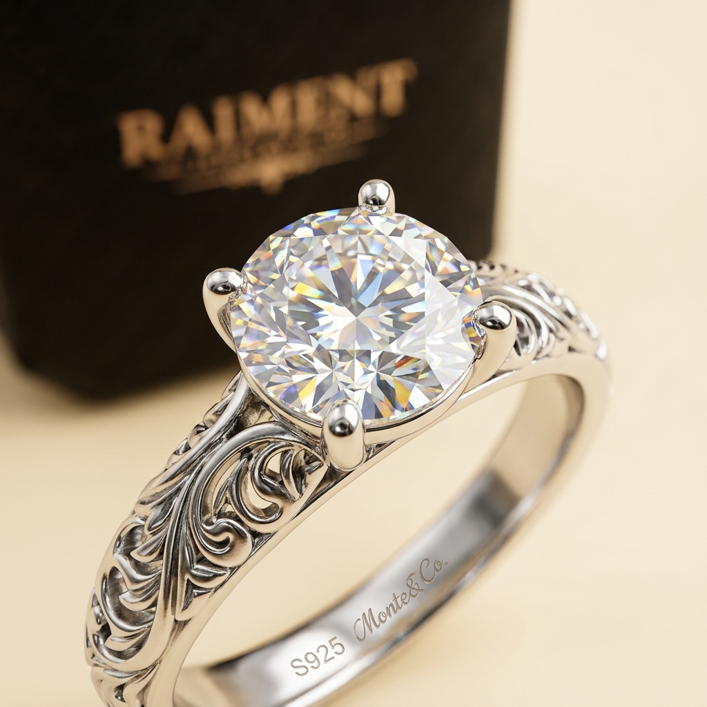 Moissanite four-claw solitaire ring macro close-up, Raiment Jewelry & Co.