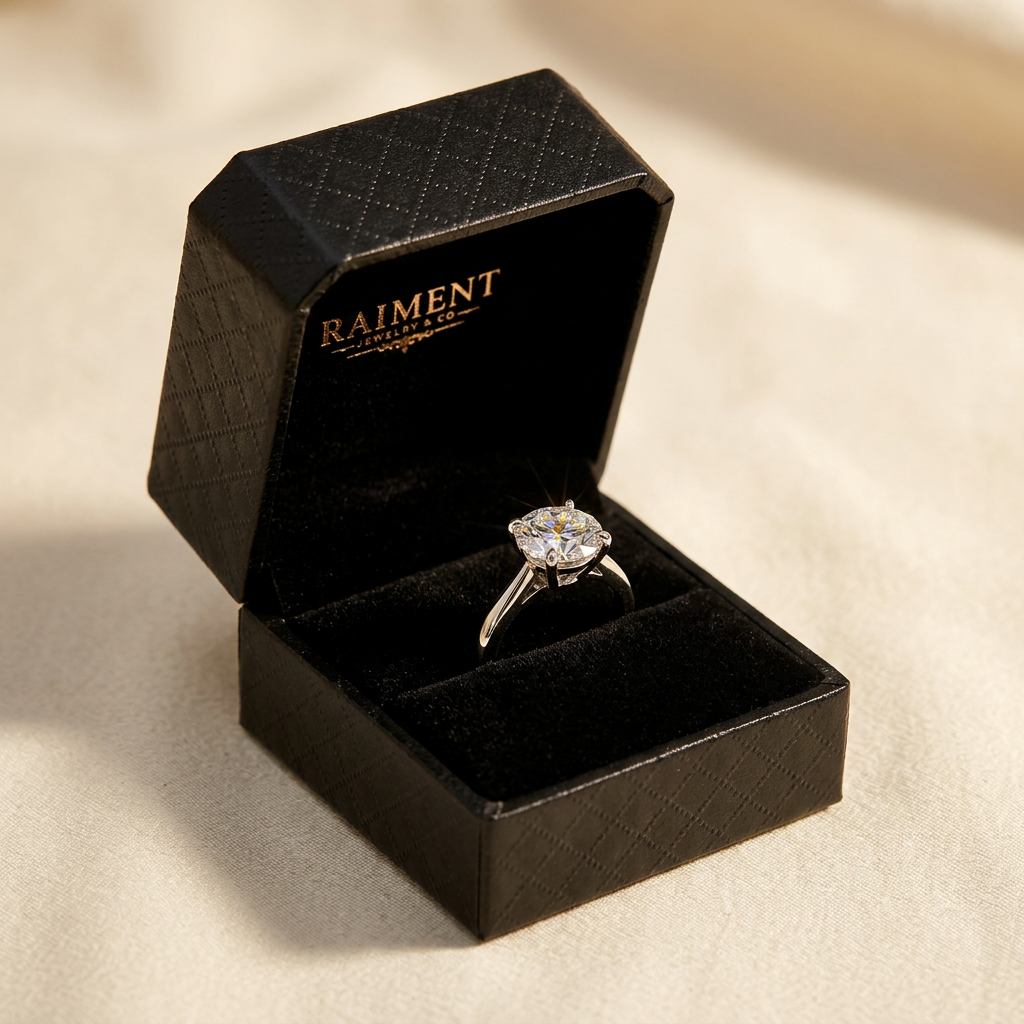 Moissanite four-claw solitaire ring styled beside jewelry box on cream, Raiment Jewelry & Co.
