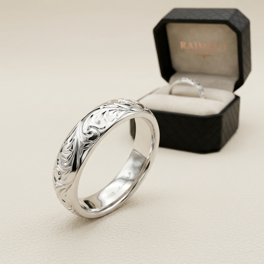 Moissanite four-claw solitaire ring on cream background, Raiment Jewelry & Co.