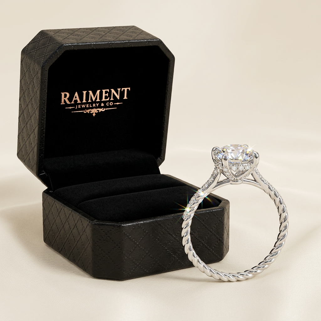 Raiment Jewelry & Co. moissanite twist solitaire ring beside open jewelry box on cream background