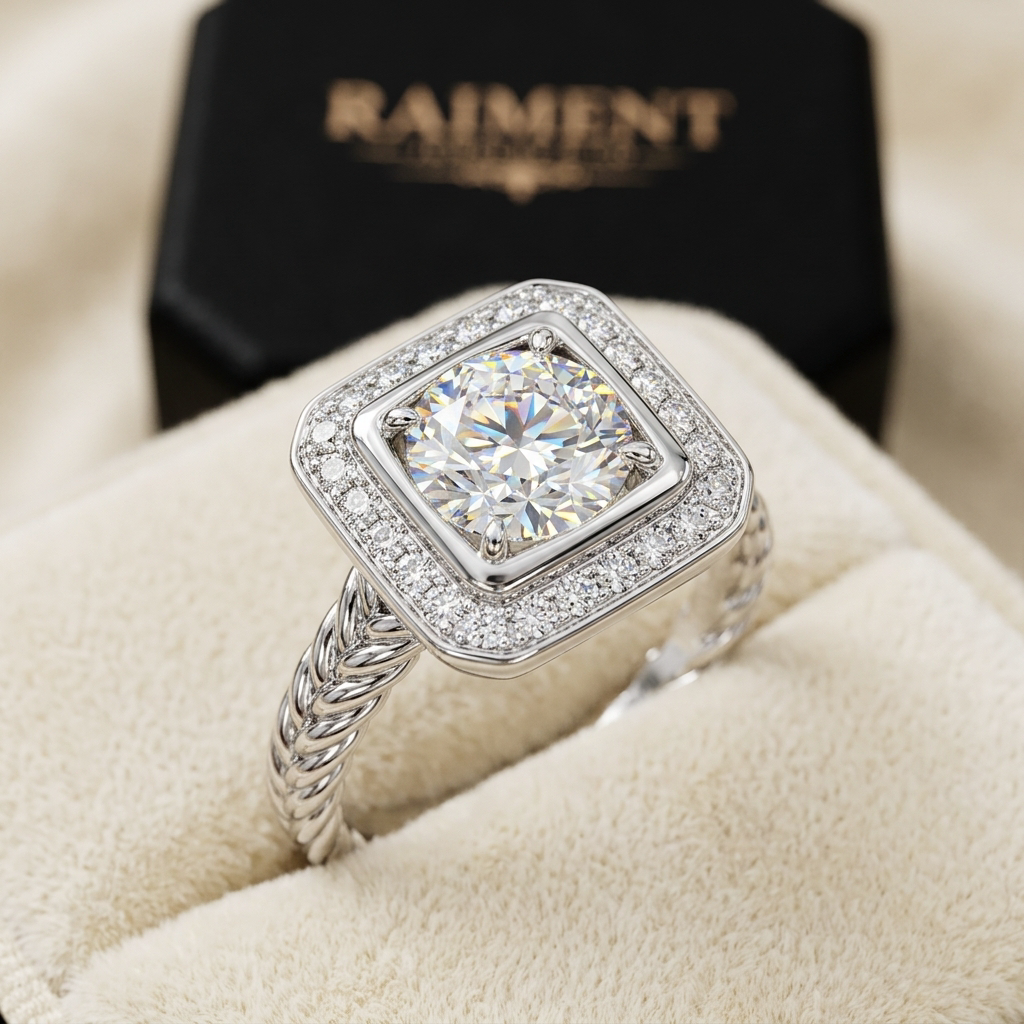 Moissanite twist solitaire ring macro close-up, Raiment Jewelry & Co.