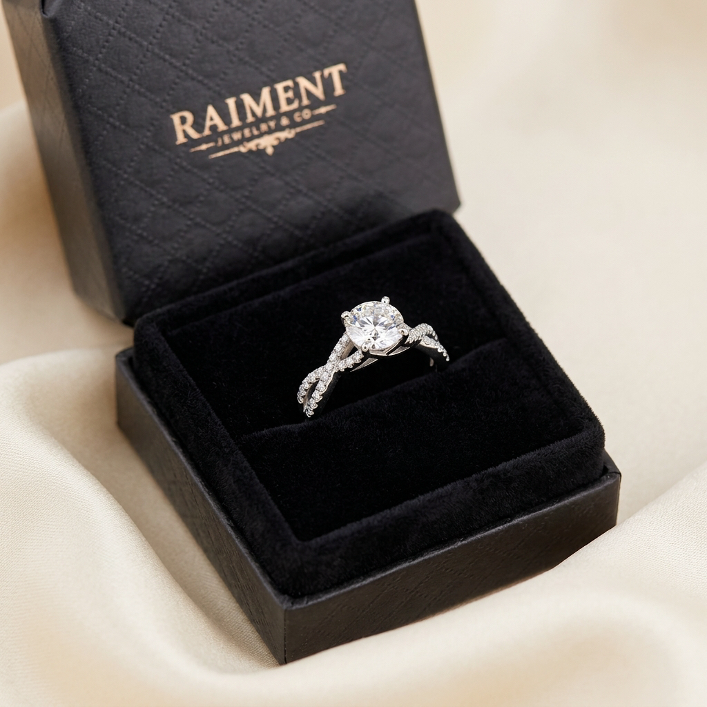 Moissanite twist solitaire ring inside open jewelry box, Raiment Jewelry & Co.