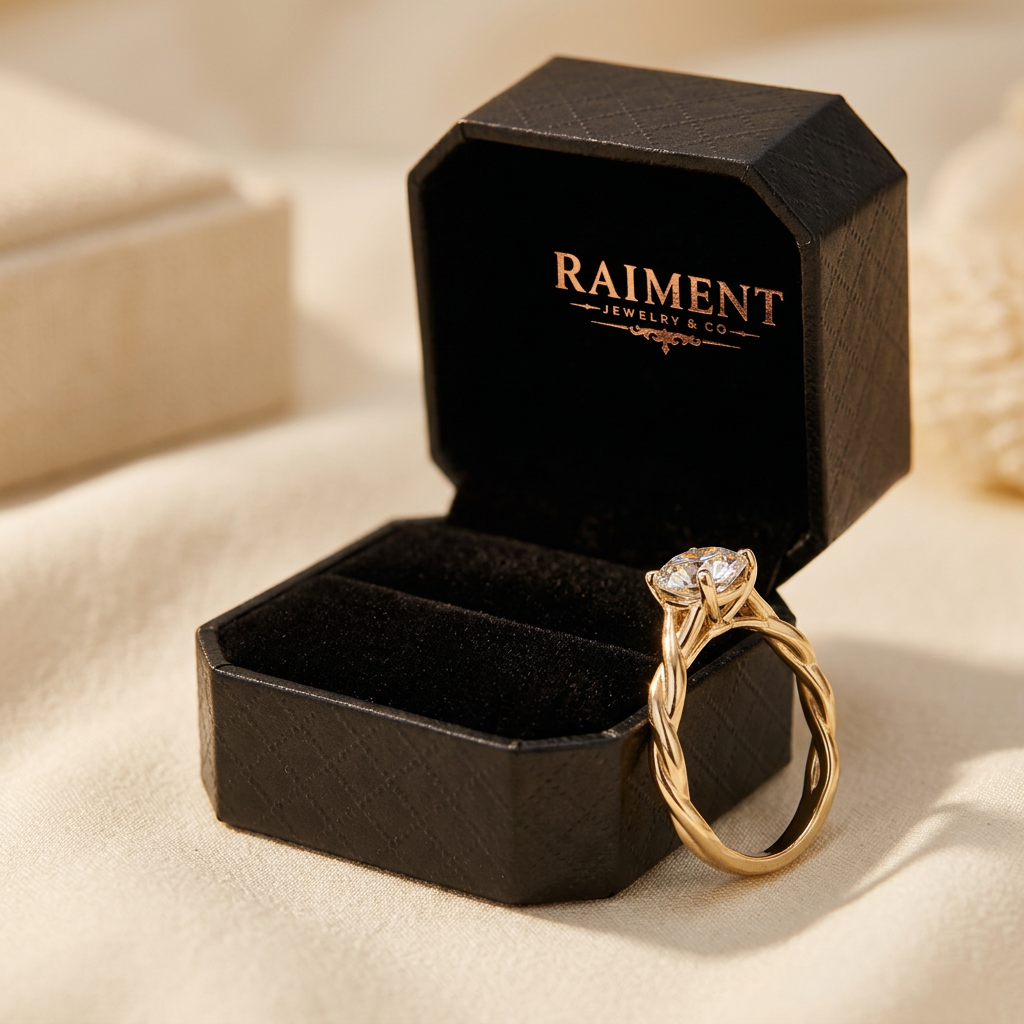 Moissanite twist solitaire ring styled beside jewelry box on cream, Raiment Jewelry & Co.