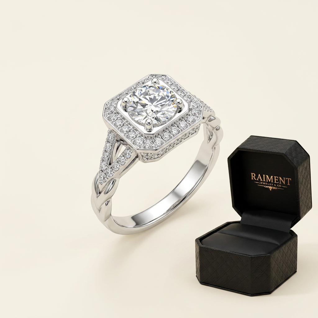 Moissanite twist solitaire ring on cream background, Raiment Jewelry & Co.