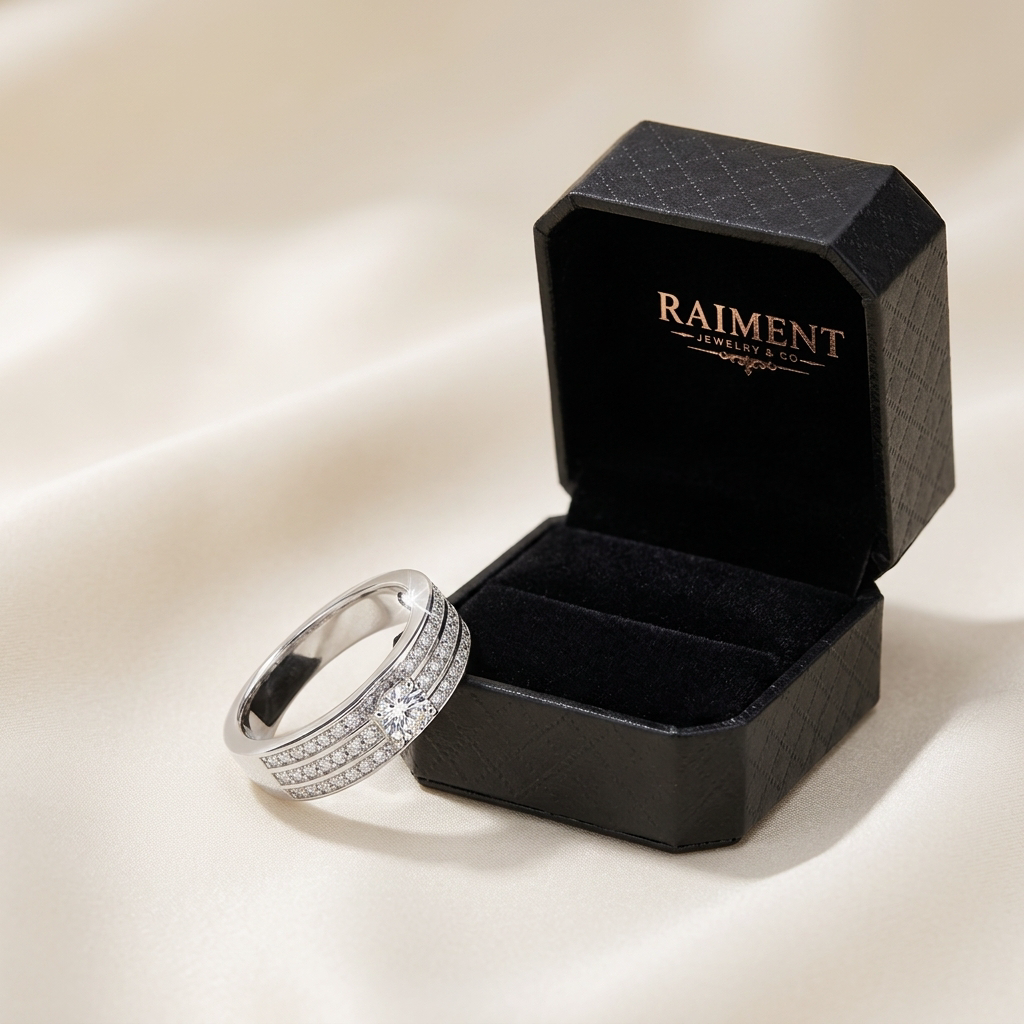 Raiment Jewelry & Co. moissanite curved band ring beside open jewelry box on cream background