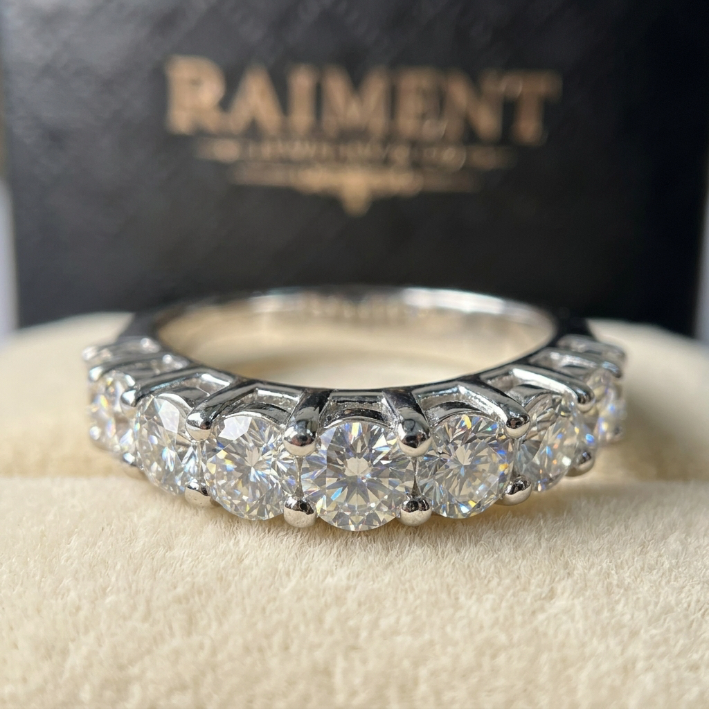 Moissanite curved band ring macro close-up, Raiment Jewelry & Co.