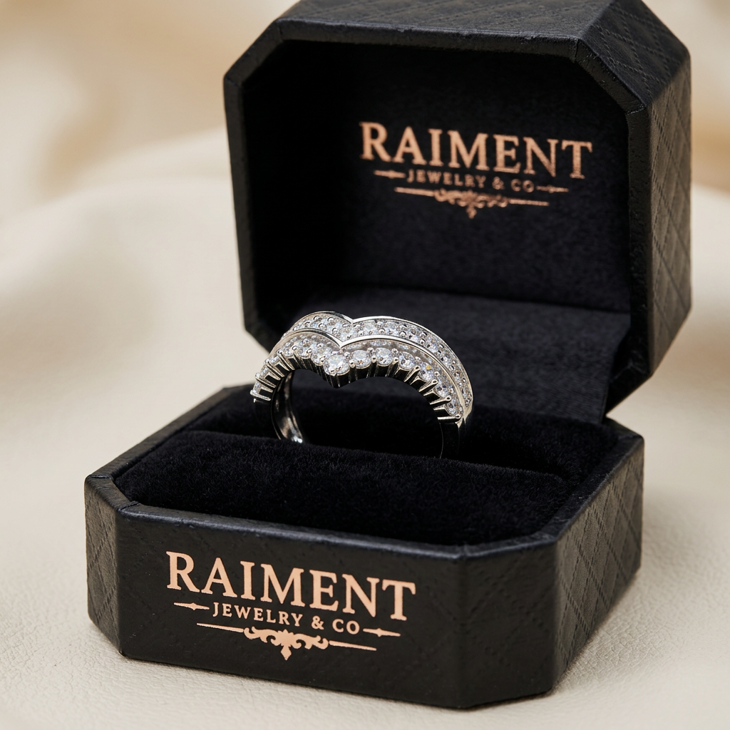 Moissanite curved band ring inside open jewelry box, Raiment Jewelry & Co.