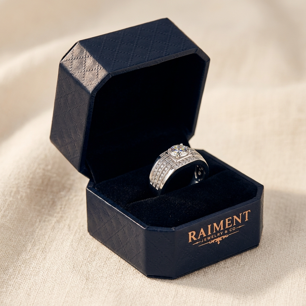 Moissanite curved band ring styled beside jewelry box on cream, Raiment Jewelry & Co.