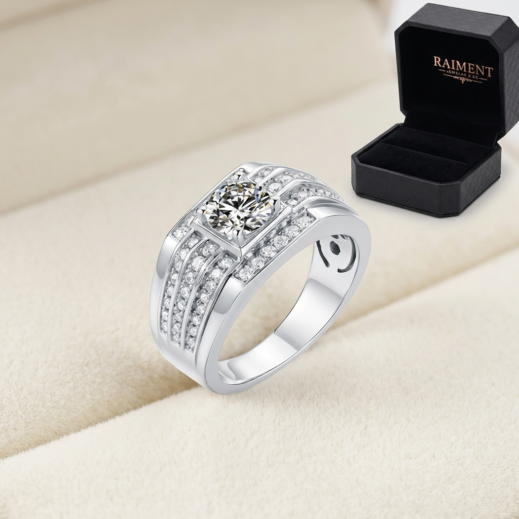 Moissanite curved band ring on cream background, Raiment Jewelry & Co.