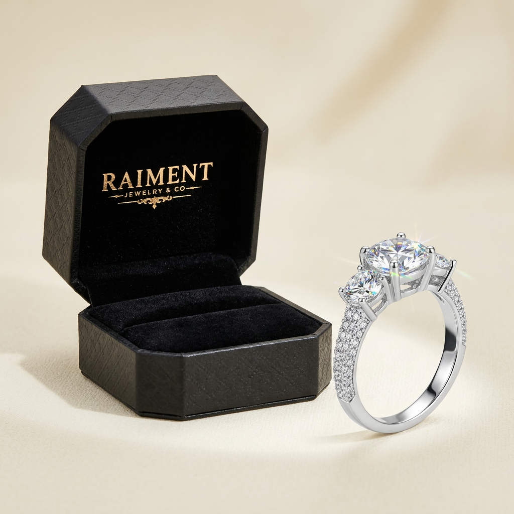 Raiment Jewelry & Co. moissanite three-stone accent ring beside open jewelry box on cream background