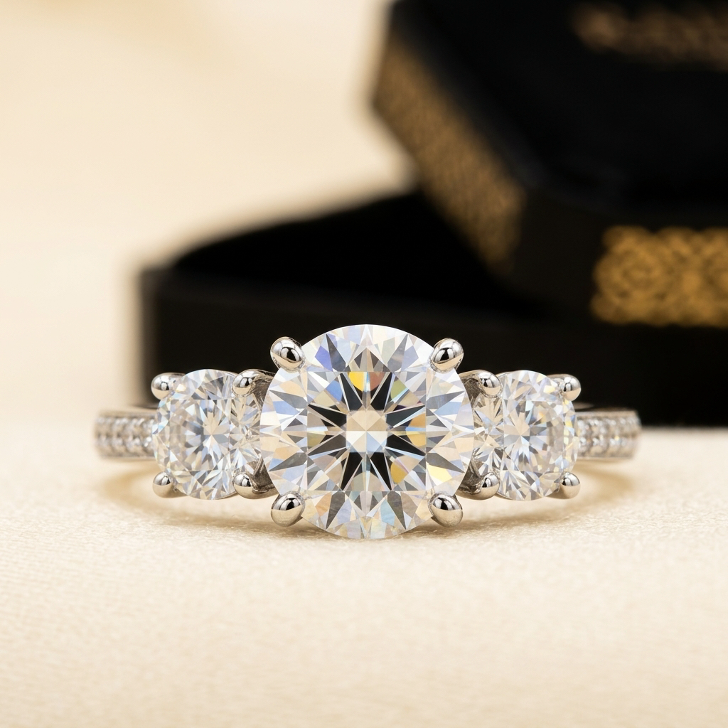 Moissanite three-stone accent ring macro close-up, Raiment Jewelry & Co.