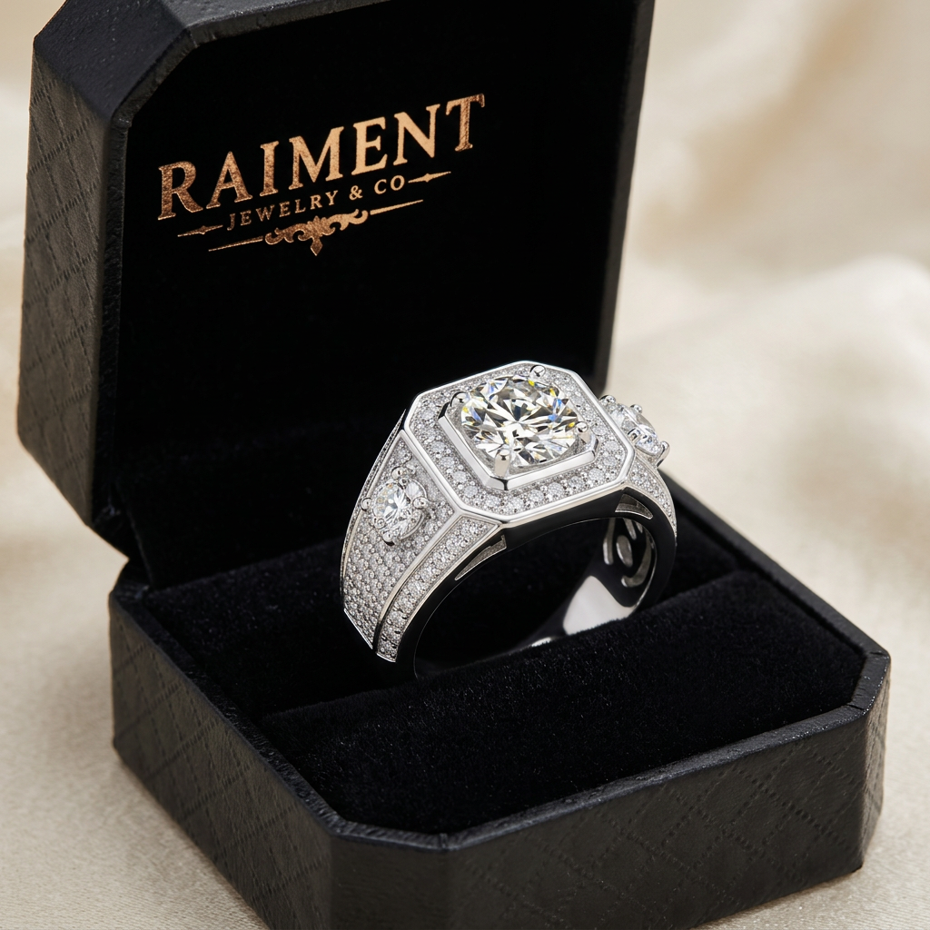 Moissanite three-stone accent ring inside open jewelry box, Raiment Jewelry & Co.