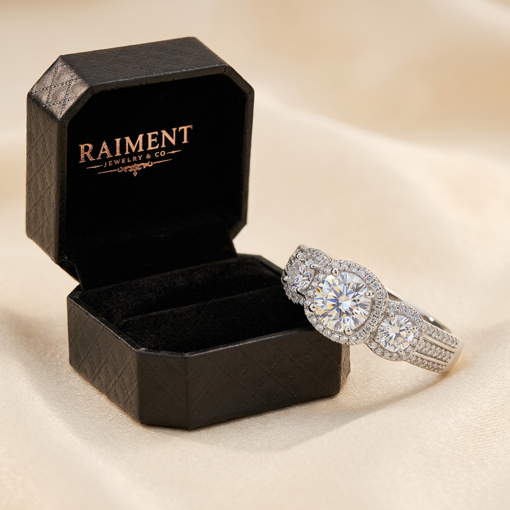 Moissanite three-stone accent ring styled beside jewelry box on cream, Raiment Jewelry & Co.