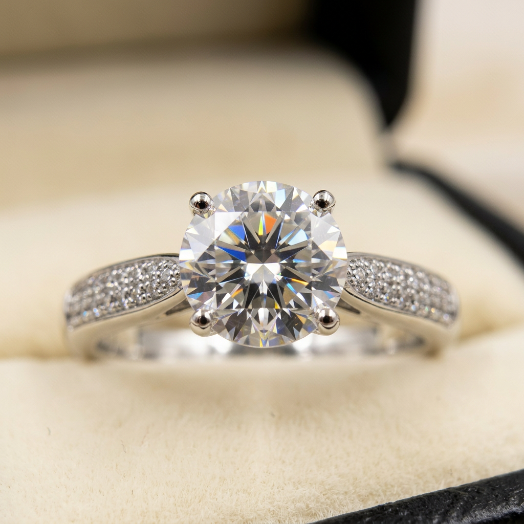 Moissanite pave shoulder ring macro close-up, Raiment Jewelry & Co.