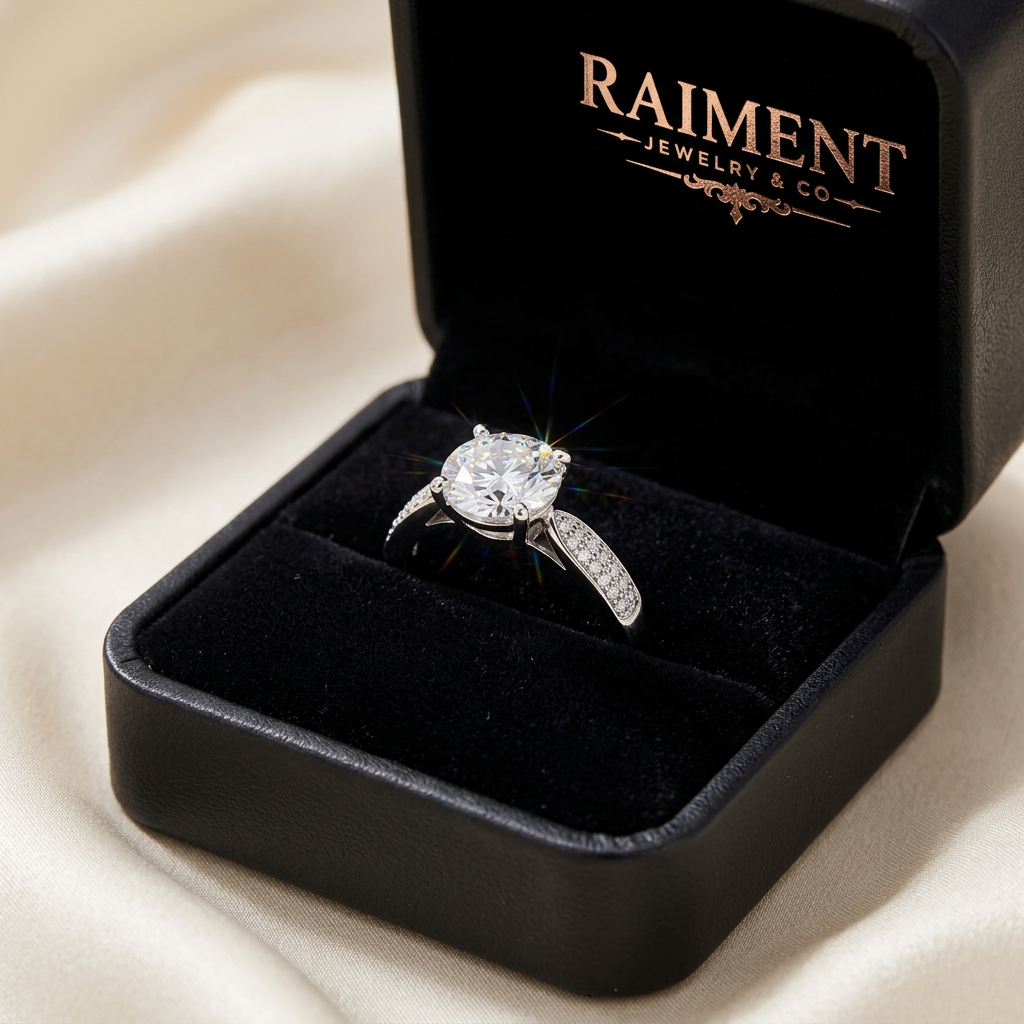 Moissanite pave shoulder ring inside open jewelry box, Raiment Jewelry & Co.
